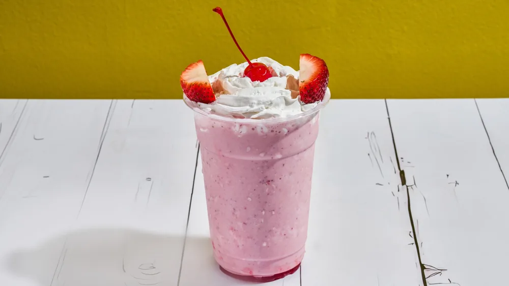 Strawberry milkshake at Heritage Scoop dessert shop in Prosper, Texas